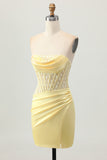 Yellow Tight Strapless Satin Corset Homecoming Dress with Lace Up Back