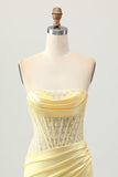 Yellow Tight Strapless Satin Corset Homecoming Dress with Lace Up Back