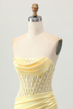 Yellow Tight Strapless Satin Corset Homecoming Dress with Lace Up Back