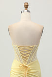 Yellow Tight Strapless Satin Corset Homecoming Dress with Lace Up Back