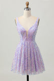 Sparkly Lilac Sequins A Line Backless Short Homecoming Dress