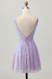 Sparkly Lilac Sequins A Line Backless Short Homecoming Dress