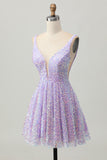 Sparkly Lilac Sequins A Line Backless Short Homecoming Dress