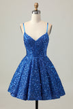 Dark Blue A Line Sequins Short Corset Homecoming Dress with Lace Up Back