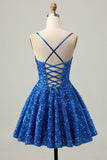 Dark Blue A Line Sequins Short Corset Homecoming Dress with Lace Up Back