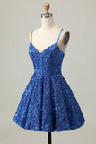 Dark Blue A Line Sequins Short Corset Homecoming Dress with Lace Up Back