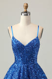 Dark Blue A Line Sequins Short Corset Homecoming Dress with Lace Up Back