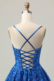 Dark Blue A Line Sequins Short Corset Homecoming Dress with Lace Up Back