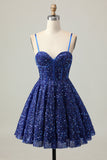 Sparkly Dark Blue A-Line Corset Sequins Homecoming Dress with Lace Up Back