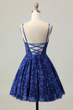 Sparkly Dark Blue A-Line Corset Sequins Homecoming Dress with Lace Up Back
