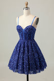 Sparkly Dark Blue A-Line Corset Sequins Homecoming Dress with Lace Up Back