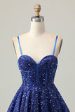 Sparkly Dark Blue A-Line Corset Sequins Homecoming Dress with Lace Up Back