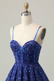 Sparkly Dark Blue A-Line Corset Sequins Homecoming Dress with Lace Up Back