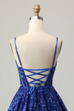 Sparkly Dark Blue A-Line Corset Sequins Homecoming Dress with Lace Up Back