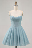 Grey Blue A Line Corset Spaghetti Straps Homecoming Dress