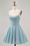 Grey Blue A Line Corset Spaghetti Straps Homecoming Dress