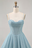 Grey Blue A Line Corset Spaghetti Straps Homecoming Dress