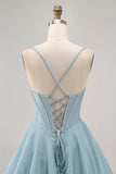 Grey Blue A Line Corset Spaghetti Straps Homecoming Dress