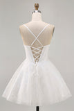 White A-Line Spaghetti Straps Sequins Corset Short Homecoming Dress