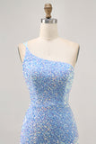 Sparkly Blue Bodycon One Shoulder Short Homecoming Dress with Slit