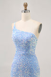 Sparkly Blue Bodycon One Shoulder Short Homecoming Dress with Slit