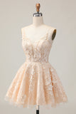 A Line Floral Apricot Appliqued Short Homecoming Dress