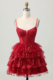 Sparkly Dark Red A-Line Tiered Corset Sequins Homecoming Dress