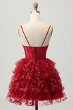 Sparkly Dark Red A-Line Tiered Corset Sequins Homecoming Dress