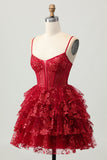 Sparkly Dark Red A-Line Tiered Corset Sequins Homecoming Dress