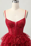 Sparkly Dark Red A-Line Tiered Corset Sequins Homecoming Dress