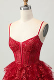 Sparkly Dark Red A-Line Tiered Corset Sequins Homecoming Dress
