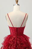 Sparkly Dark Red A-Line Tiered Corset Sequins Homecoming Dress