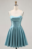 Grey Green A-Line Corset Satin Short Homecoming Dress with Lace Up Back