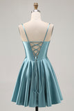 Grey Green A-Line Corset Satin Short Homecoming Dress with Lace Up Back