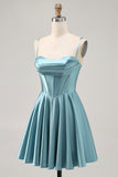 Grey Green A-Line Corset Satin Short Homecoming Dress with Lace Up Back