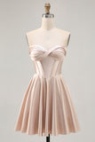 Champagne A-Line Strapless Corset Ruched Satin Homecoming Dress with Lace Up Back