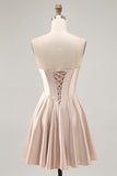 Champagne A-Line Strapless Corset Ruched Satin Homecoming Dress with Lace Up Back