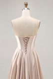 Champagne A-Line Strapless Corset Ruched Satin Homecoming Dress with Lace Up Back