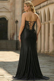 Black Plus Size Corset Strapless Mermaid Satin Long Prom Dress with Slit