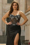 Black Plus Size Corset Strapless Mermaid Satin Long Prom Dress with Slit