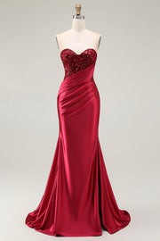 Red Mermaid Sweetheart Pleated Sequin Satin Long Prom Dress with Slit