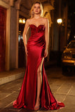 Sweetheart Mermaid Red Beaded Sequins Pleated Satin Long Prom Dress with Slit