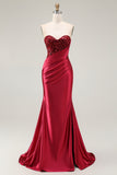 Sweetheart Mermaid Red Beaded Sequins Pleated Satin Long Prom Dress with Slit