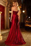 Sweetheart Mermaid Red Beaded Sequins Pleated Satin Long Prom Dress with Slit