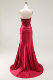 Sweetheart Mermaid Red Beaded Sequins Pleated Satin Long Prom Dress with Slit