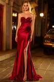 Sweetheart Mermaid Red Beaded Sequins Pleated Satin Long Prom Dress with Slit