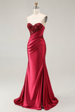 Red Mermaid Sweetheart Pleated Sequin Satin Long Prom Dress with Slit
