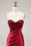 Red Mermaid Sweetheart Pleated Sequin Satin Long Prom Dress with Slit