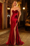 Sweetheart Mermaid Red Beaded Sequins Pleated Satin Long Prom Dress with Slit