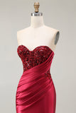 Red Mermaid Sweetheart Pleated Sequin Satin Long Prom Dress with Slit